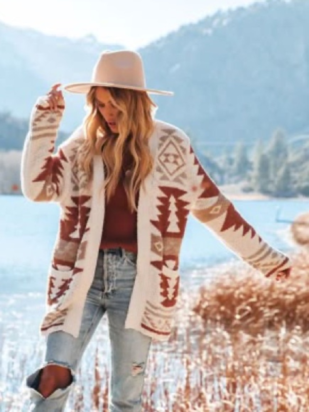 Cozy Aztec Open-Front Cardigan Sweater - Cream & Brown